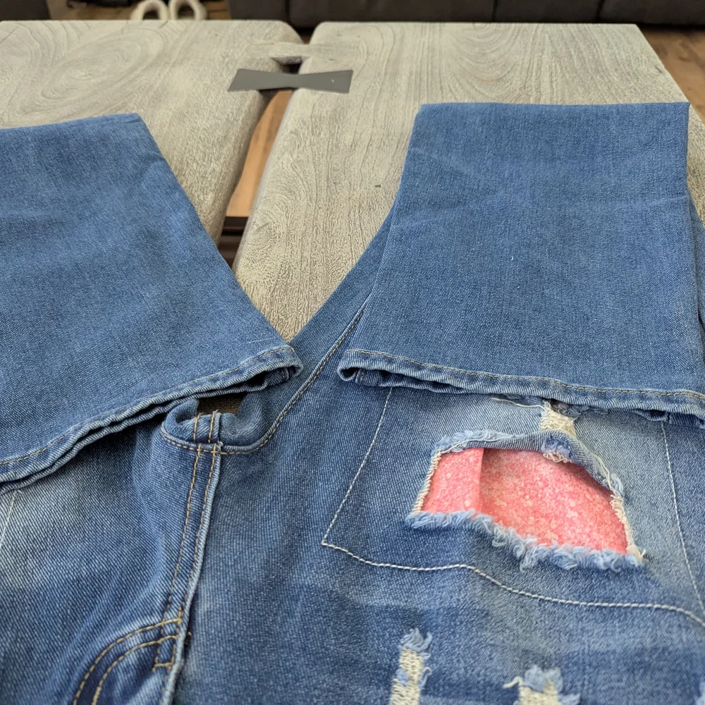 Women’s Blue Distressed Patchwork Jeans with Pink Accents Size M - Picture 6 of 16